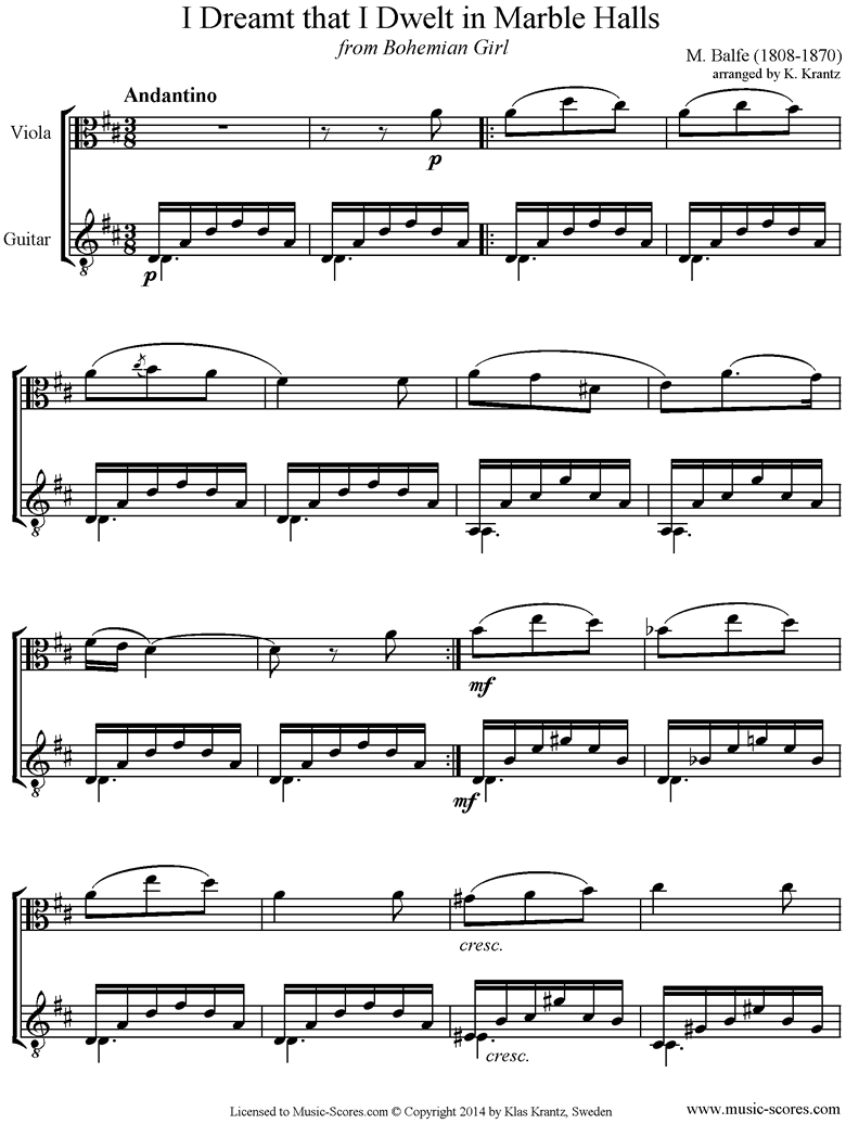 I Dreamt that I Dwelt in Marble Halls: Viola, Guitar by Balfe