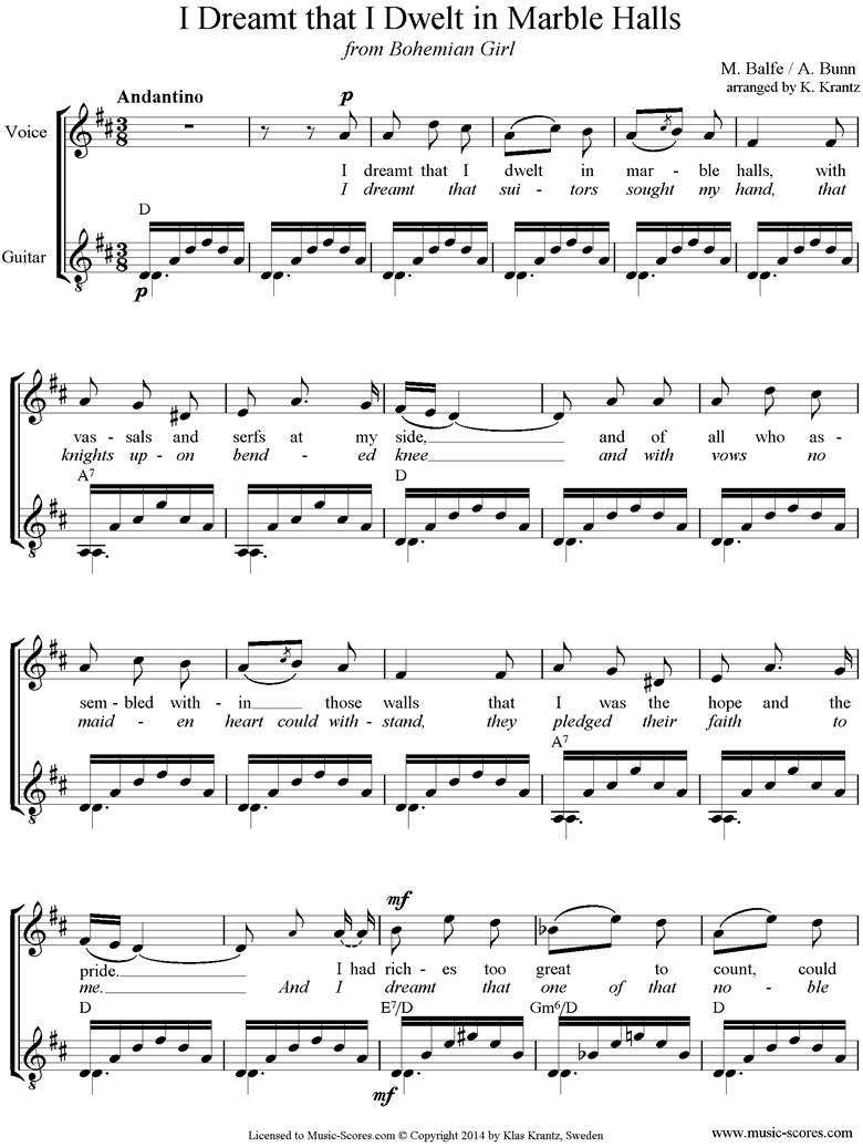 Front page of I Dreamt that I Dwelt in Marble Halls: Voice, Guitar sheet music