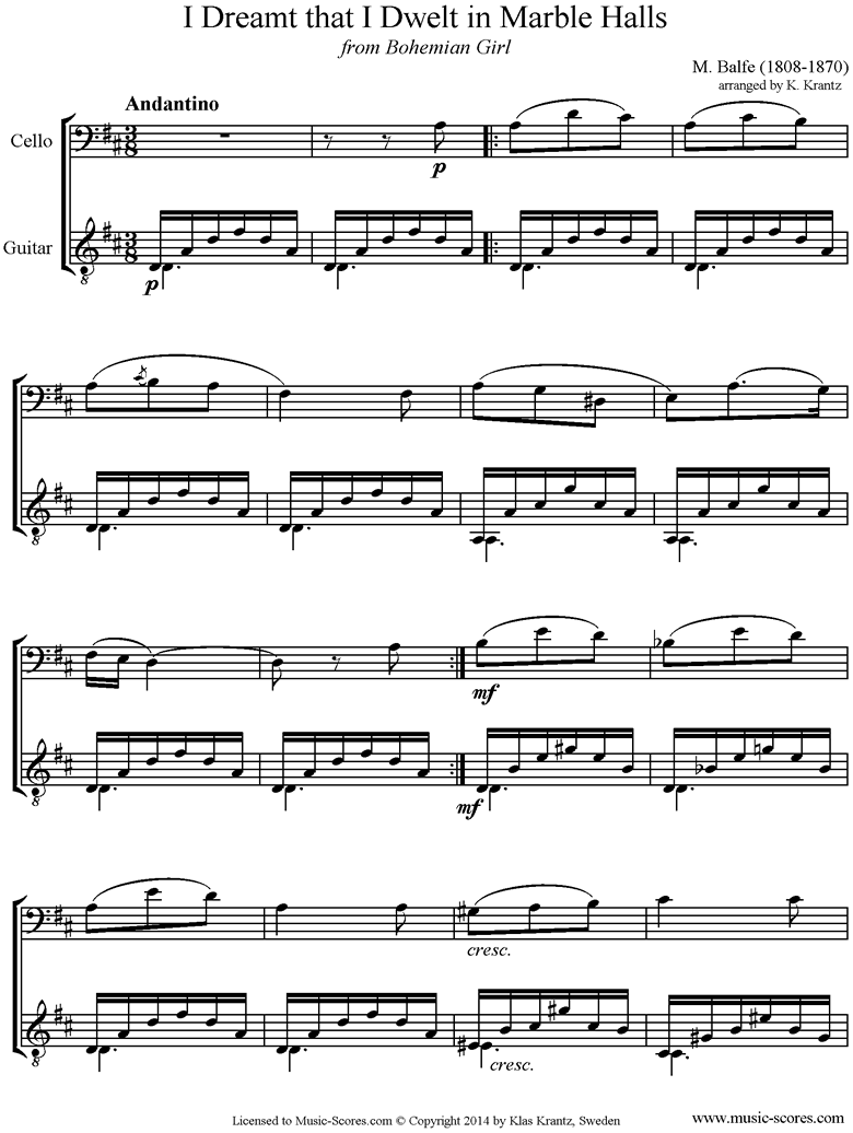 Front page of I Dreamt that I Dwelt in Marble Halls: Cello, Guitar sheet music