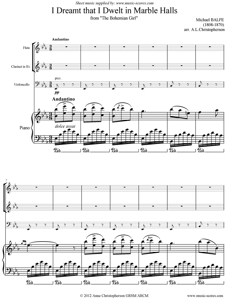 Front page of I Dreamt that I Dwelt in Marble Halls: Flute, Clarinet, Cello and Piano sheet music