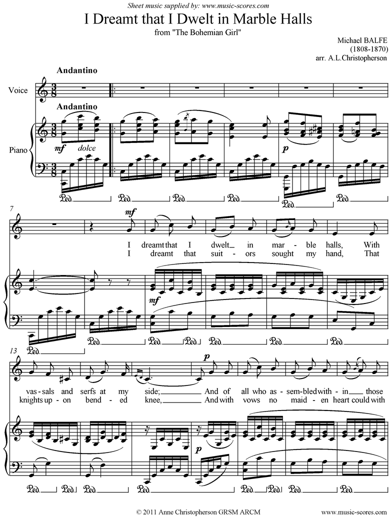 Front page of I Dreamt that I Dwelt in Marble Halls: Voice, lower sheet music