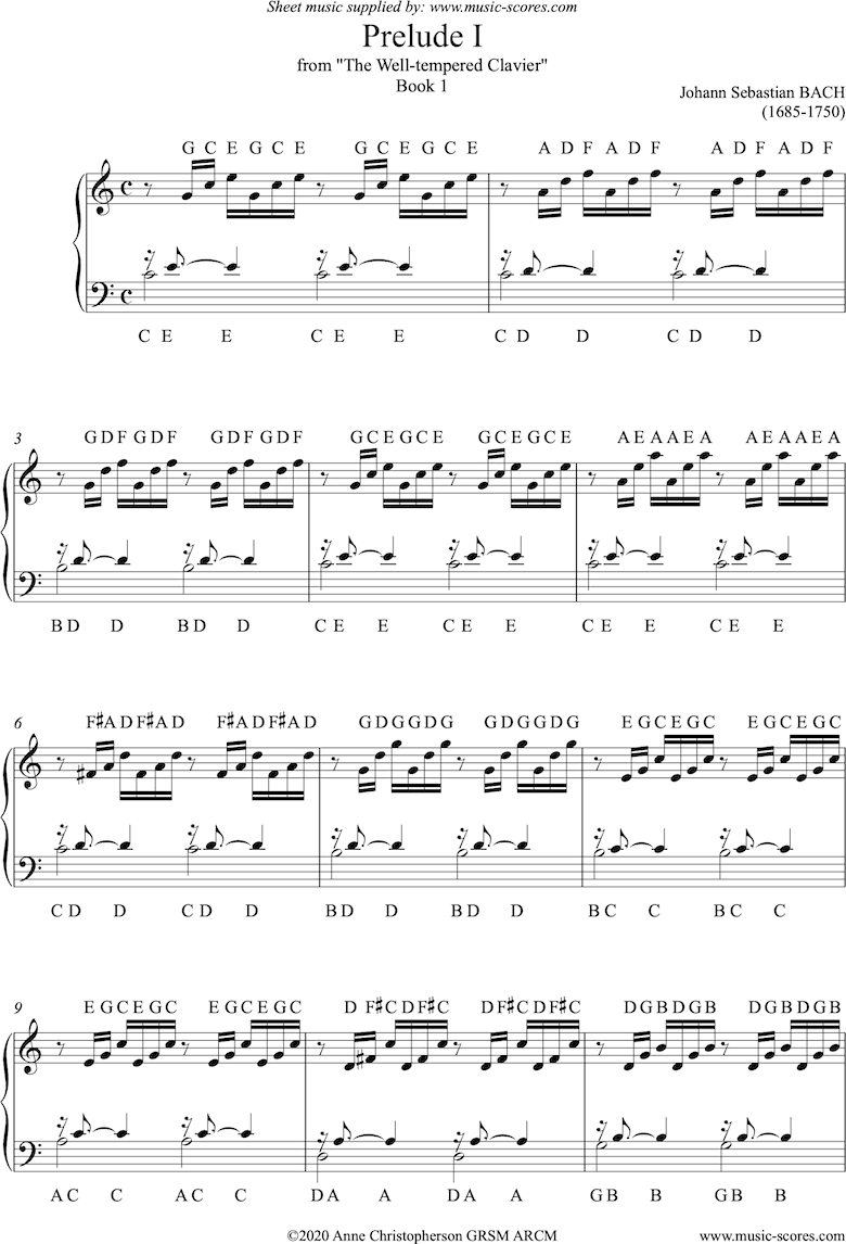 Front page of Well Tempered Clavier, Book 1: 01a: Prelude I. With note names. sheet music