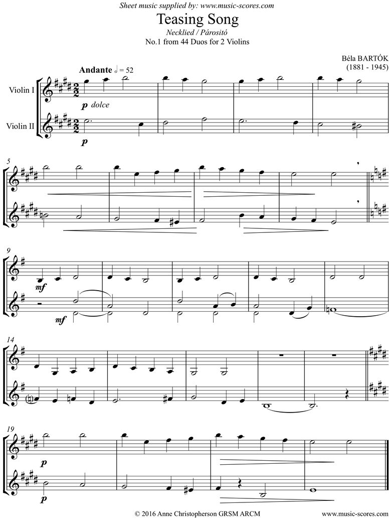 Front page of From 44 Duos: 01 Teasing Song: 2 Violins sheet music