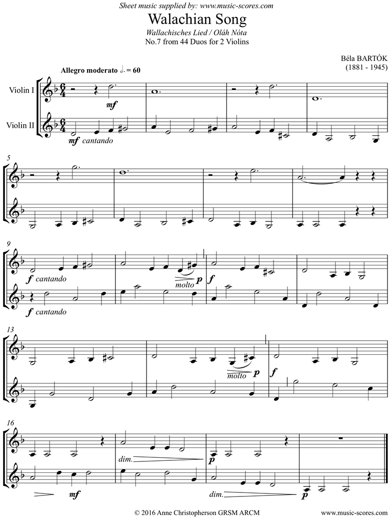 Front page of From 44 Duos: 07 Walachian Song: 2 Violins sheet music