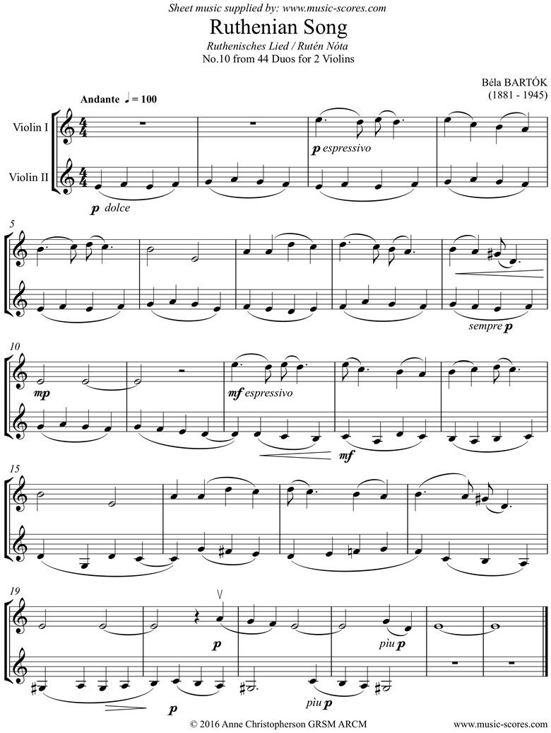 Front page of From 44 Duos: 10 Ruthenian Song: 2 Violins sheet music