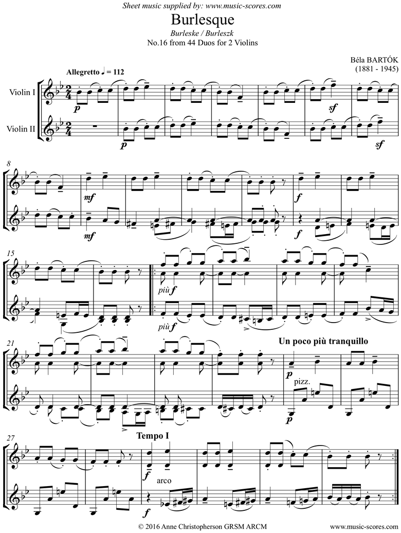 Front page of From 44 Duos: 16 Burlesque: 2 Violins sheet music