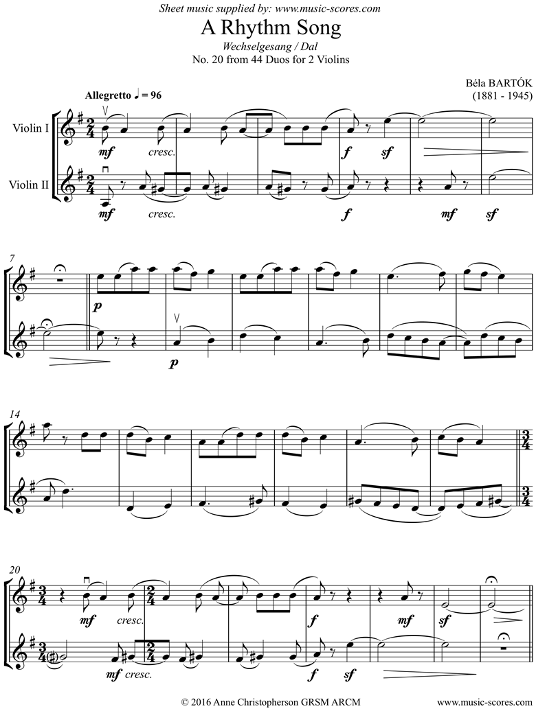 Front page of From 44 Duos: 20 Rhythm Song: 2 Violins sheet music
