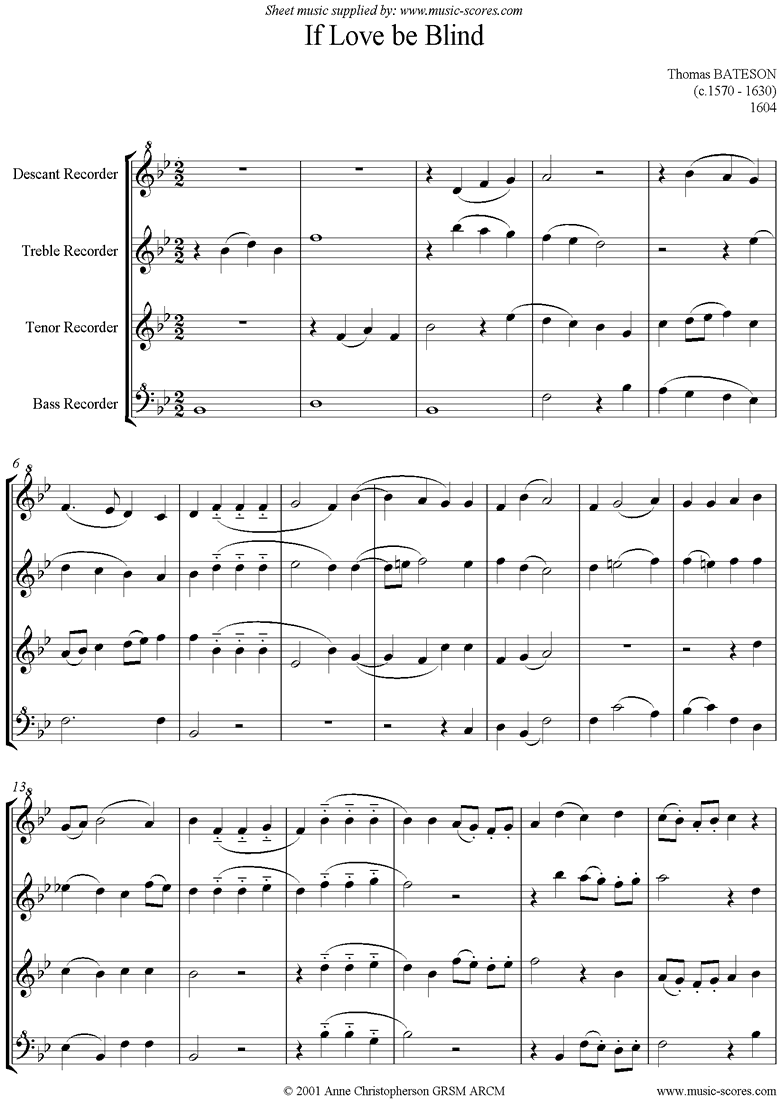 If Love Be Blind: Recorder Quartet by Bateson