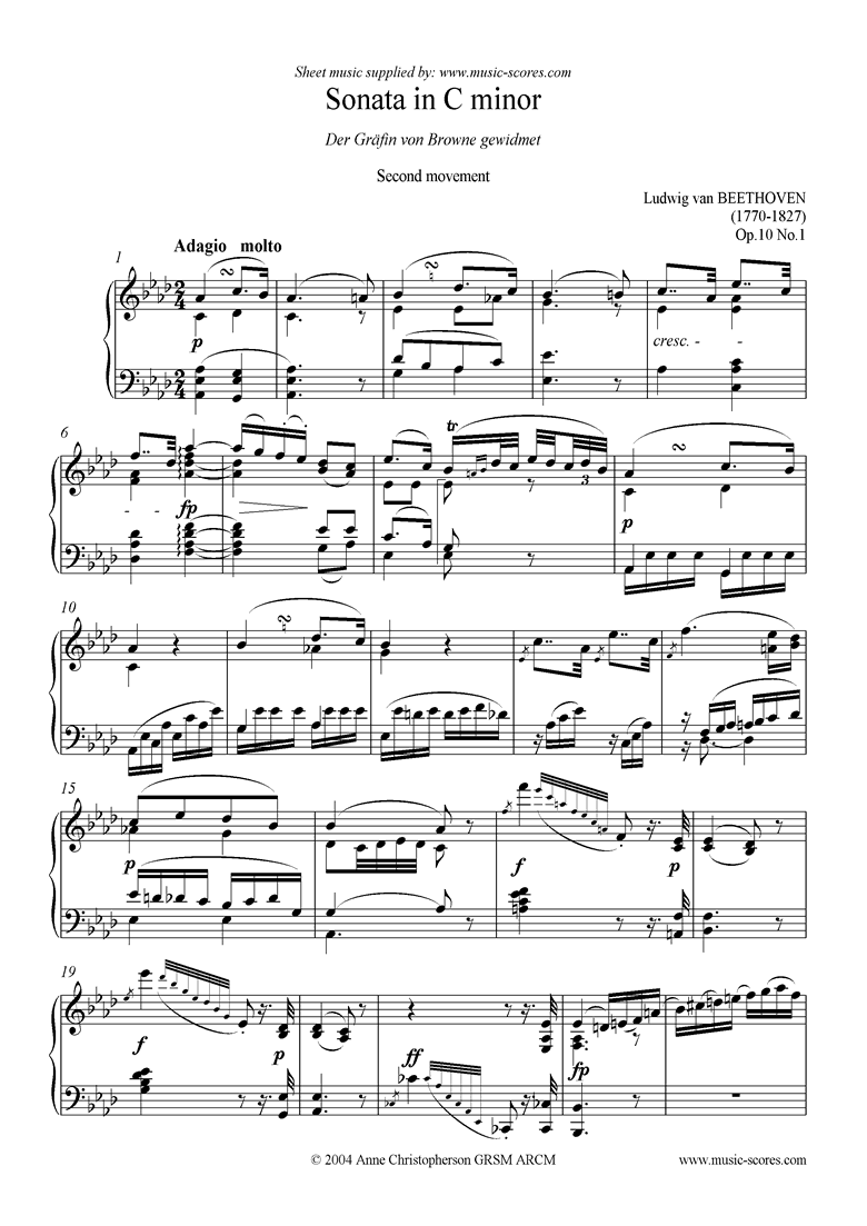 Front page of Op.10, No1: Sonata 05: C mi: 2nd Mt: Adagio Molto sheet music