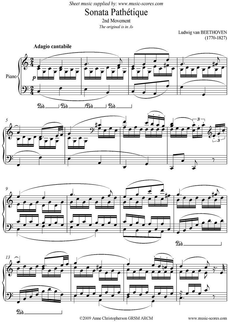 Beethoven. Sonata 08 Pathétique, 2nd mvt C major Piano classical sheet music