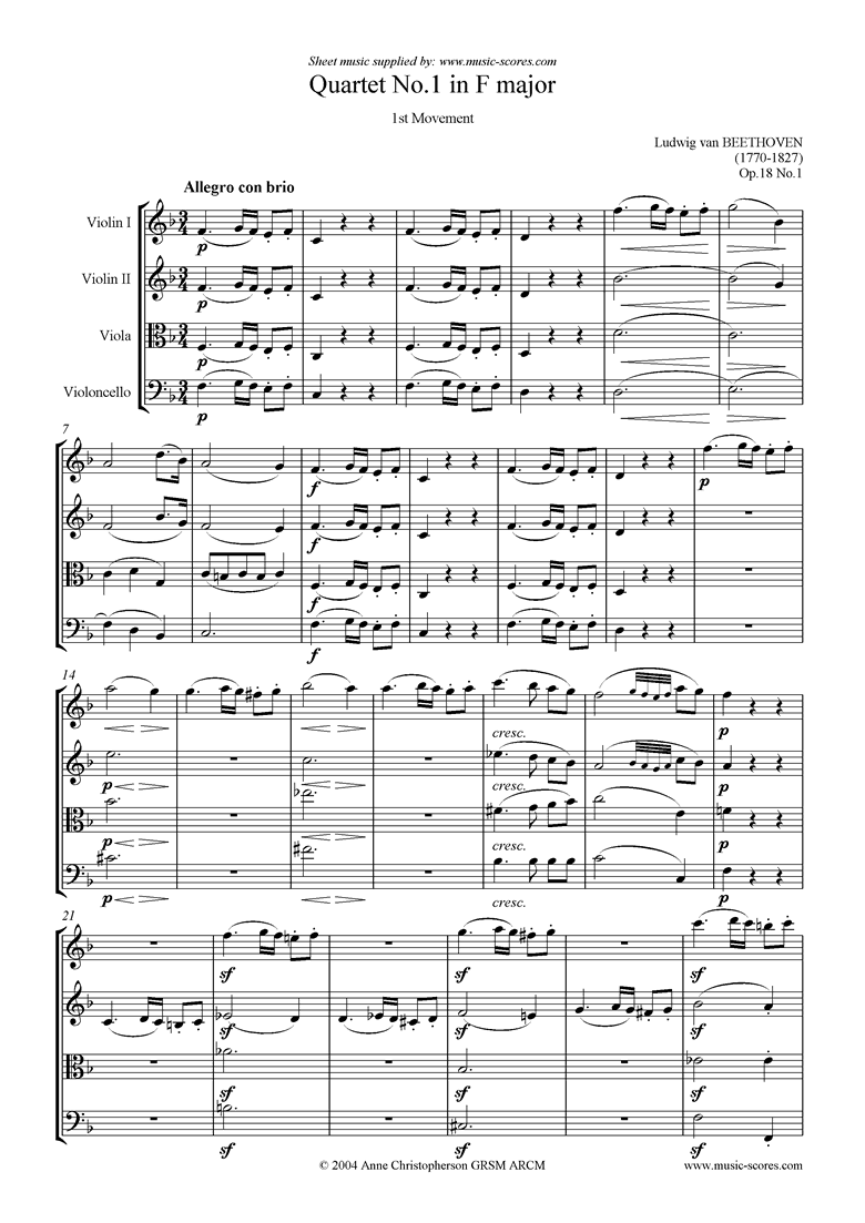 Front page of Op.18: Quartet No1: 1st Mvt, Allegro sheet music