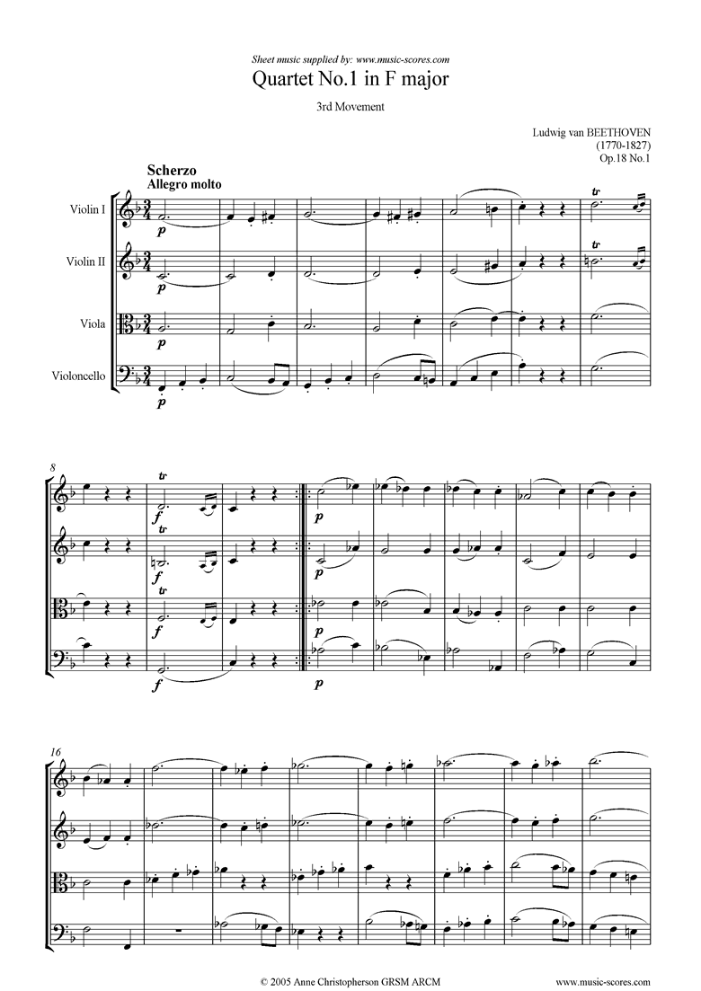 Front page of Op.18: Quartet No1: 3rd Mvt, Scherzo & Trio sheet music
