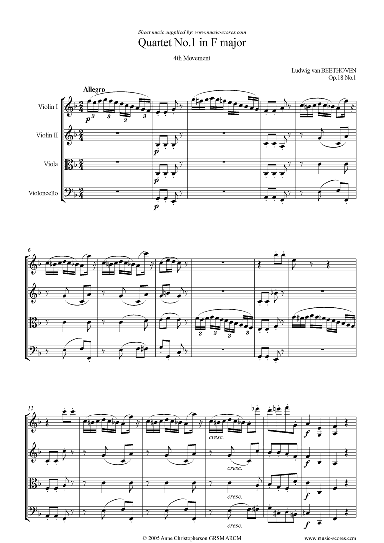 Front page of Op.18: Quartet No1: 4th Mvt, Allegro sheet music
