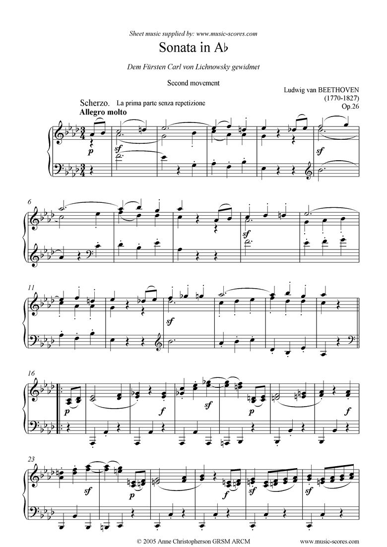 Front page of Op.26: Sonata 12: Ab: 2nd Mt: Scherzo and Trio sheet music