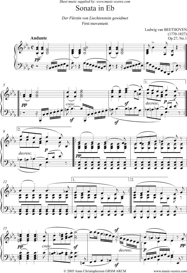 Front page of Op.27, No1: Sonata 13: Eb, 1st mvt: Andante sheet music