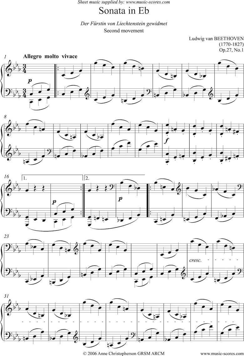 Front page of Op.27, No1: Sonata 13: Eb, 2nd mvt: Allegro molto sheet music