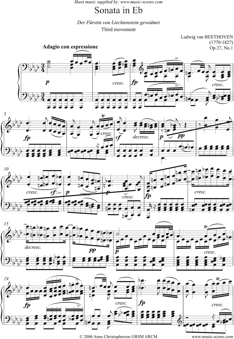 Front page of Op.27, No1: Sonata 13: Eb, 3rd mvt: Adagio, Allegro sheet music