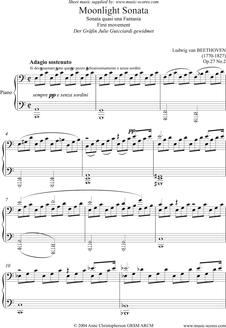 Front page of Op.27, No2: Sonata 14: Moonlight 1st mvt. Piano, A minor sheet music