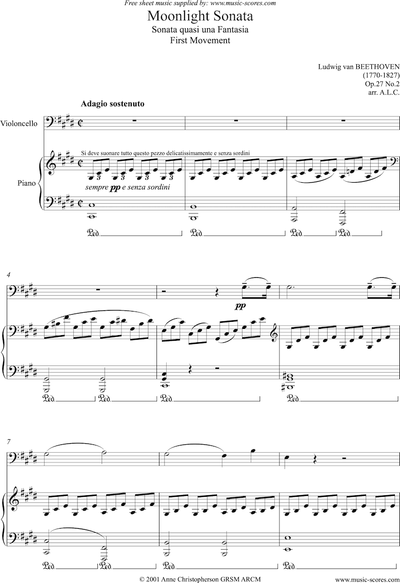 Front page of Op.27, No2: Sonata 14: Moonlight, 1st mvt: Cello sheet music