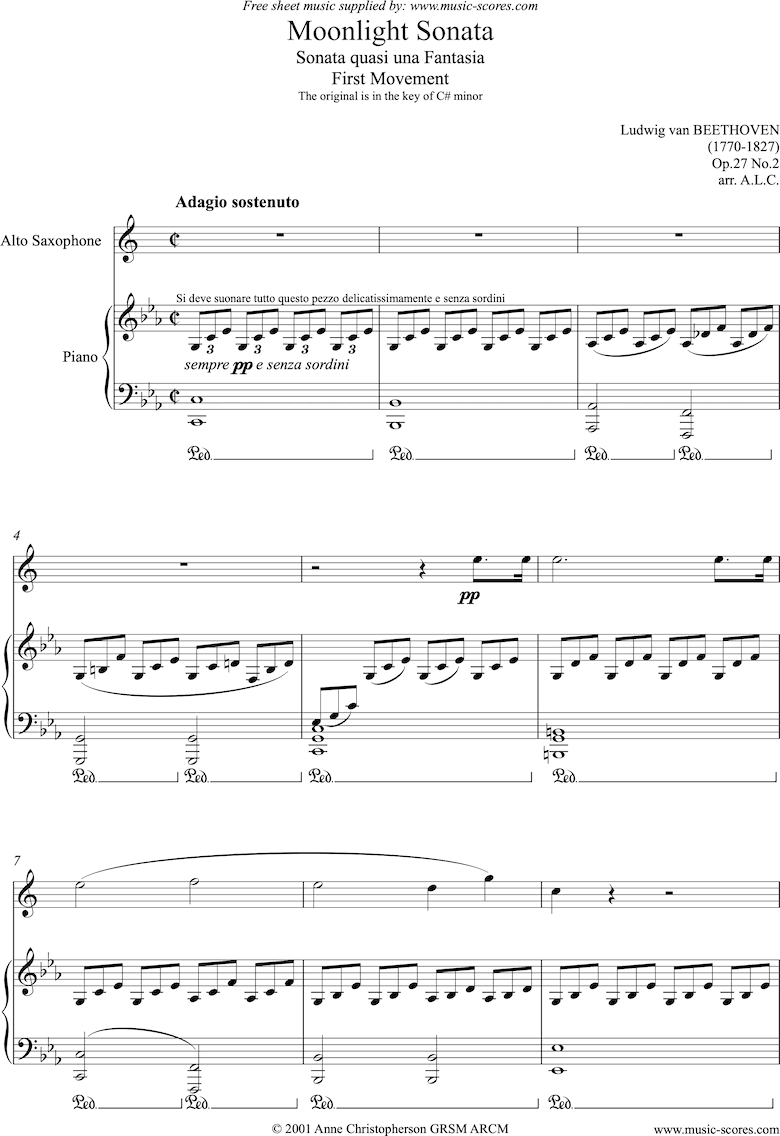 Front page of Op.27, No2: Sonata 14: Moonlight, 1st mvt: Alto Sax sheet music