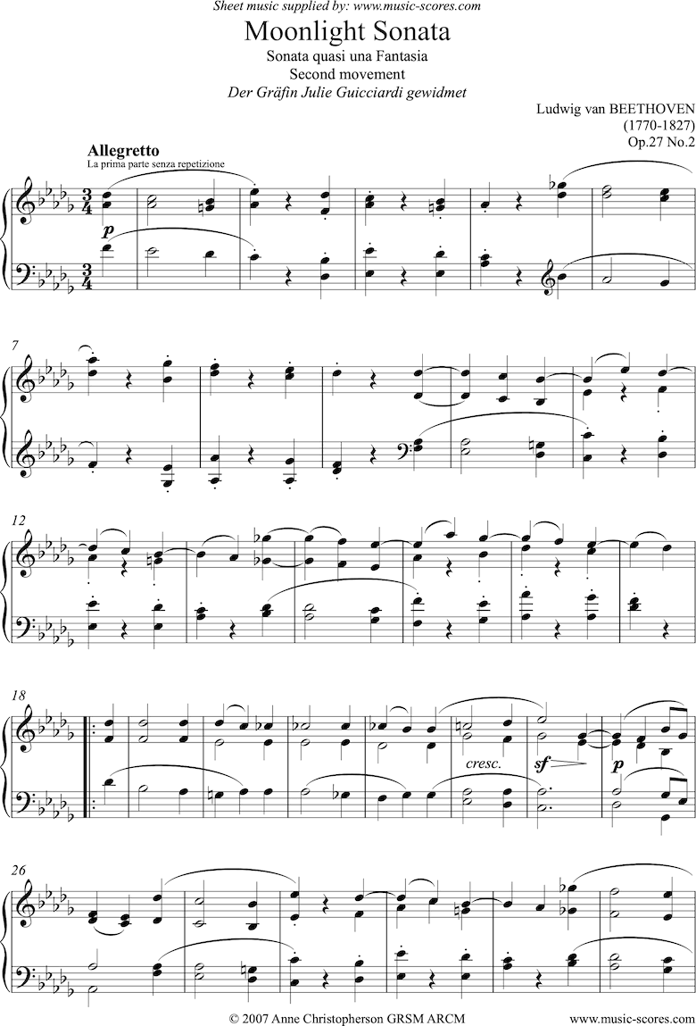 Front page of Op.27, No2: Sonata 14: Moonlight, 2nd mvt. Piano sheet music