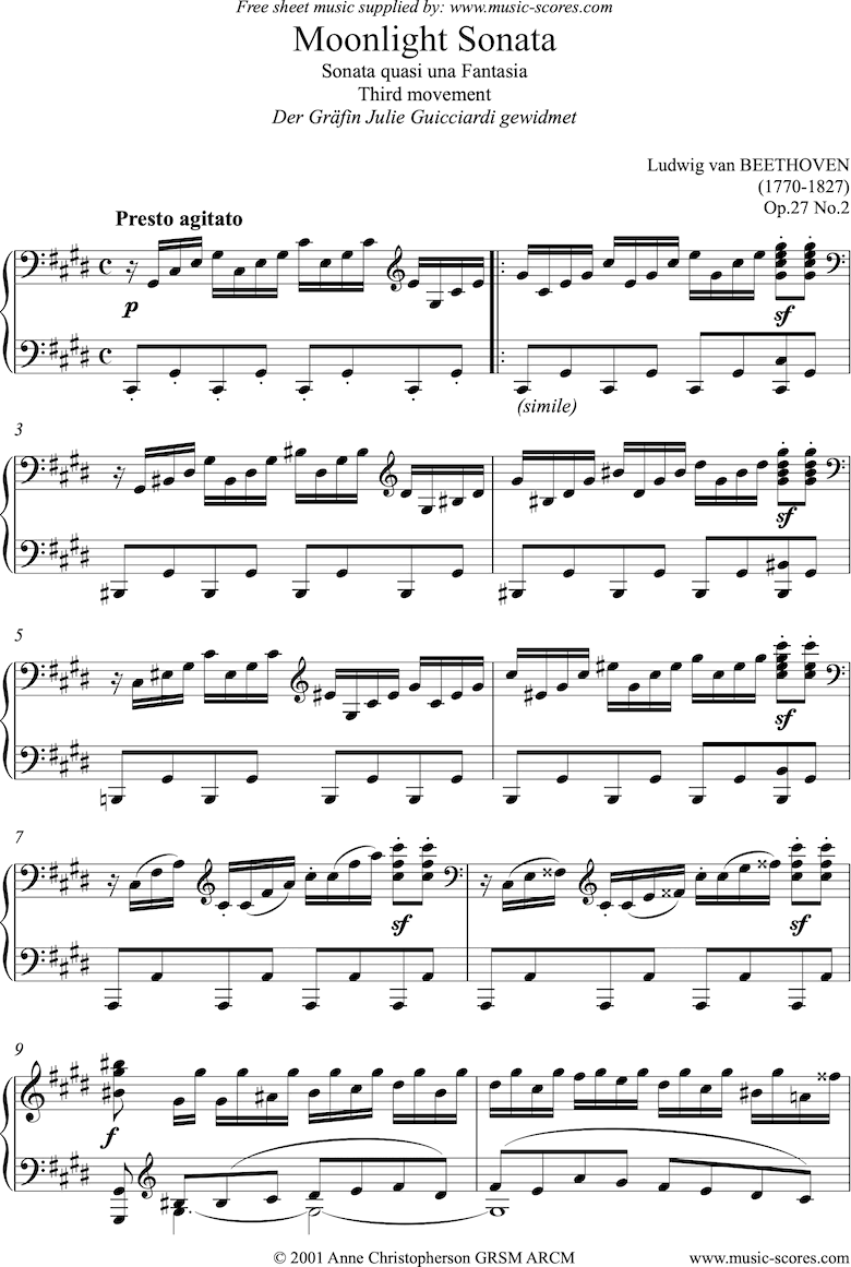Front page of Op.27, No2: Sonata 14: Moonlight, 3rd mvt. Piano sheet music