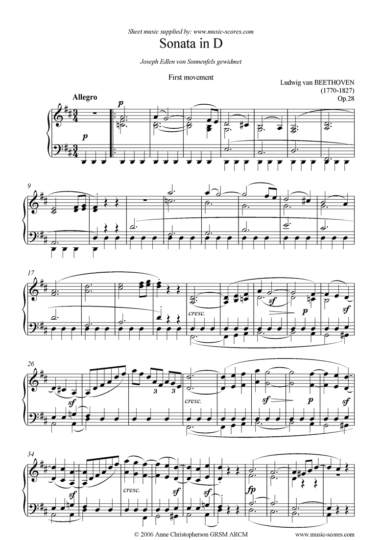 Front page of Op.28: Sonata 15: D, 1st mvt: Allegro sheet music