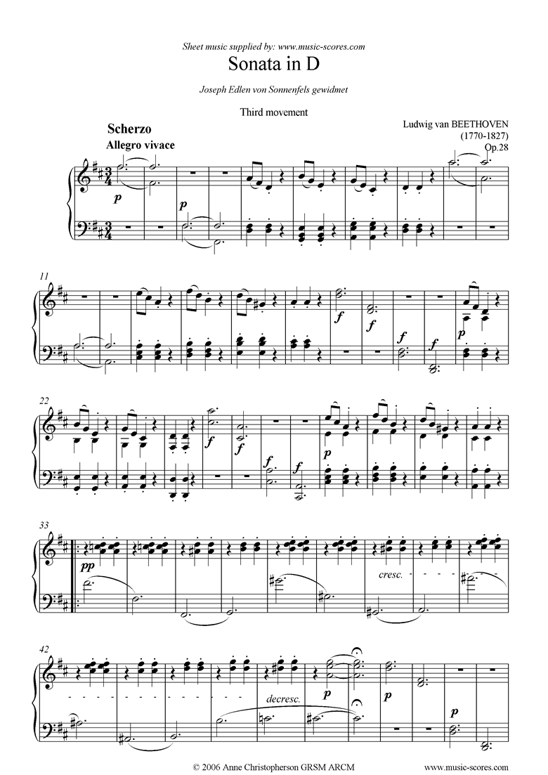Front page of Op.28: Sonata 15: D, 3rd mvt: Scherzo sheet music