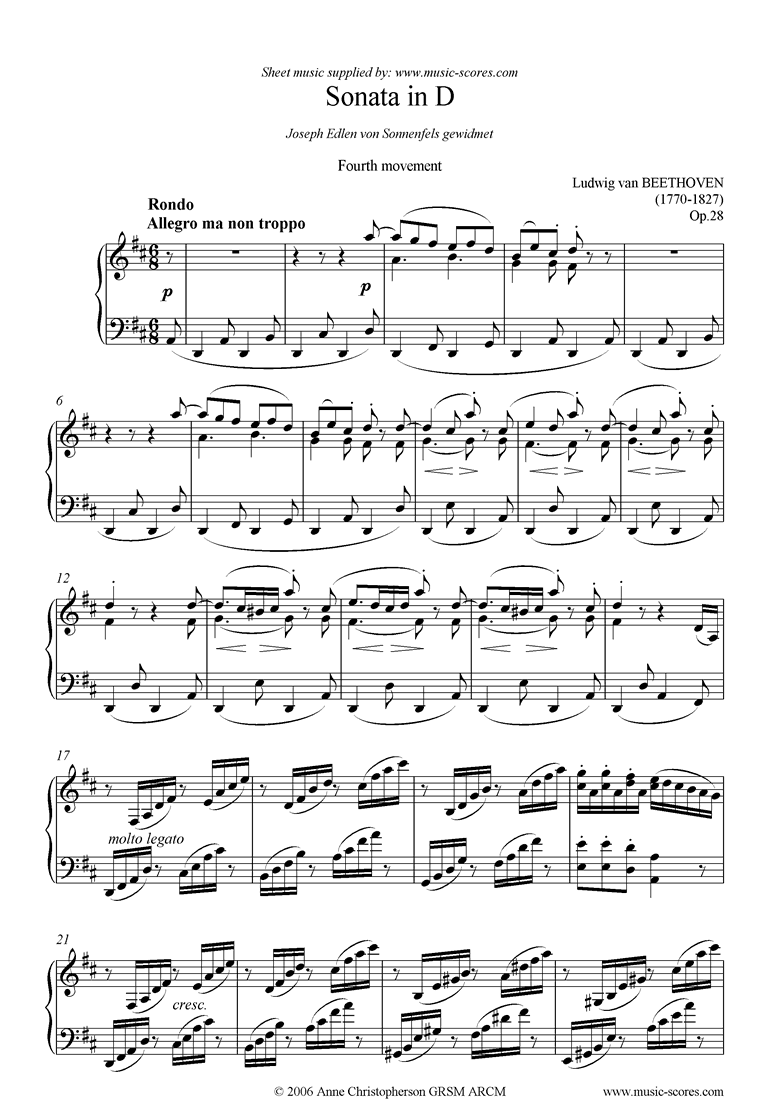 Front page of Op.28: Sonata 15: D, 4th mvt: Rondo sheet music