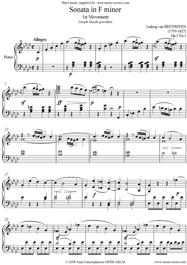 Front page of Op.02, No.1: Sonata 01: F minor: 1st Mvt, Allegro sheet music