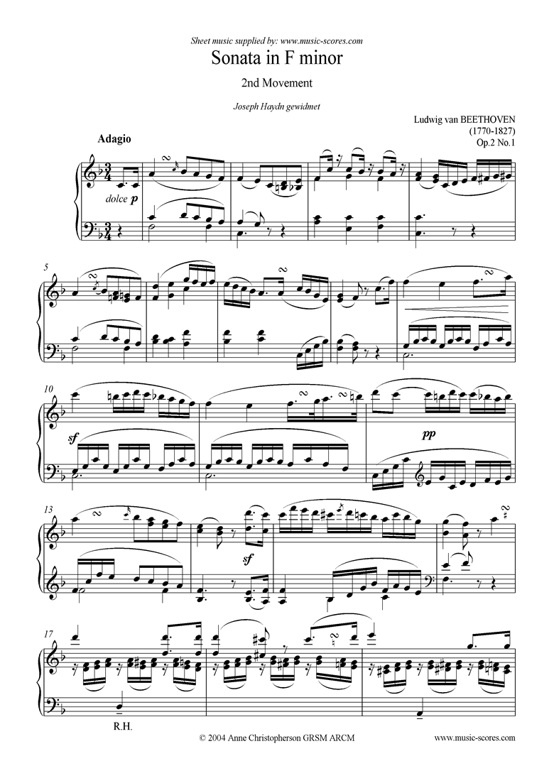 Front page of Op.02, No.1: Sonata 01: F minor: 2nd Mvt, Adagio sheet music