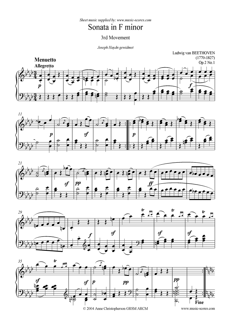 Front page of Op.02, No.1: Sonata 01: F minor: 3rd Mvt, Minuet sheet music