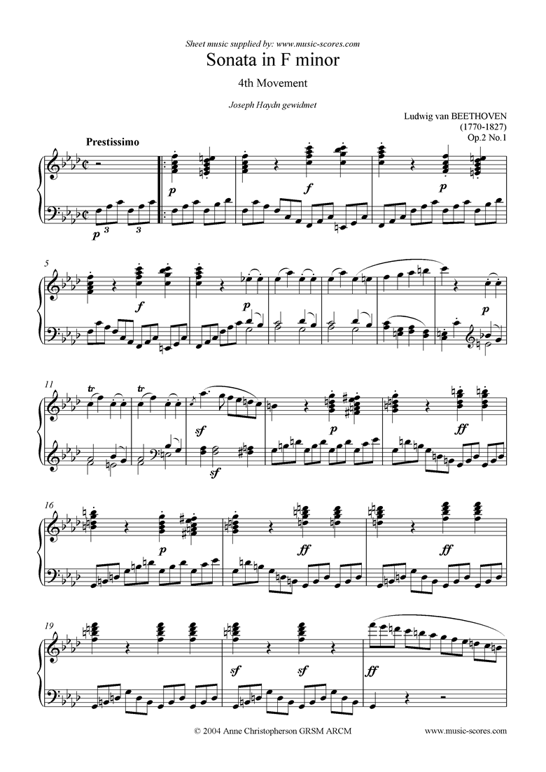 Front page of Op.02, No.1: Sonata 01: F minor: 4th Mt Prestissimo sheet music