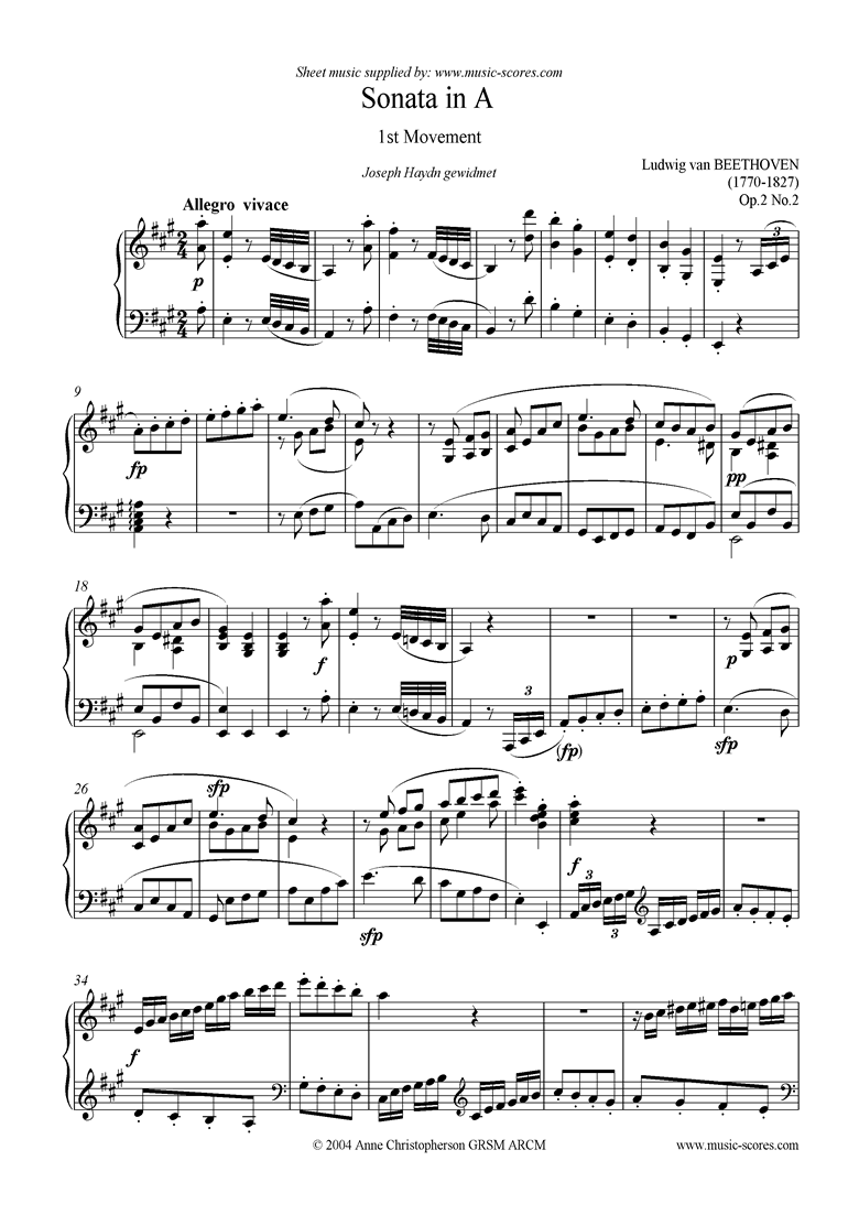 Front page of Op.02, No.2: Sonata 02: A: 1st Mvt, Allegro vivace sheet music