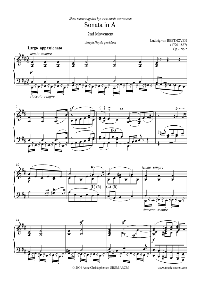 Front page of Op.02, No.2: Sonata 02: A: 2nd Movement: Largo sheet music