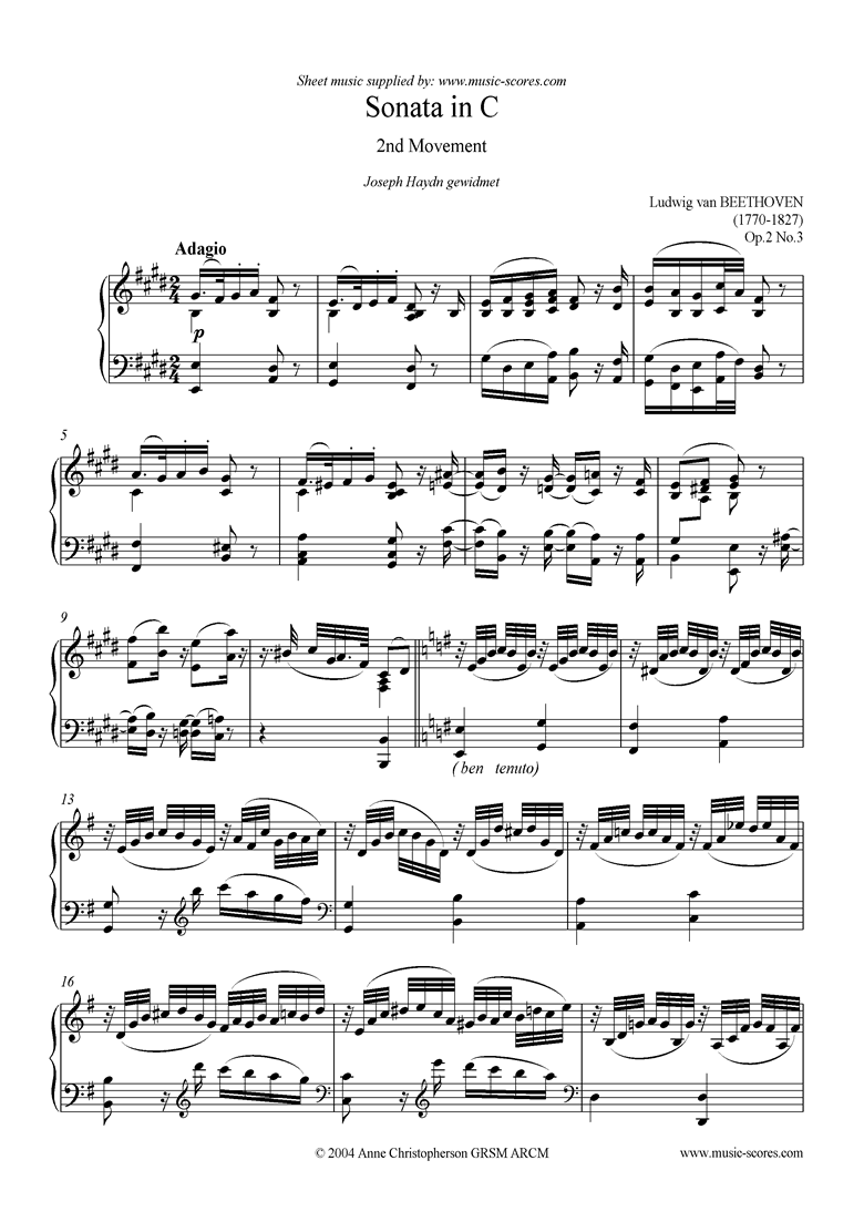 Front page of Op.02, No.3: Sonata 03: C: 2nd Mvt, Adagio in E sheet music
