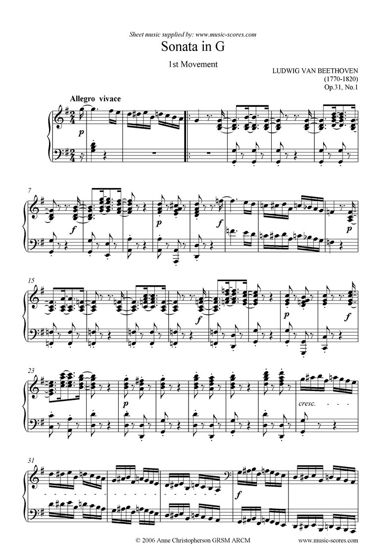 Front page of Op.31, No.1: Sonata 16: G, 1st mvt: Allegro Vivace sheet music