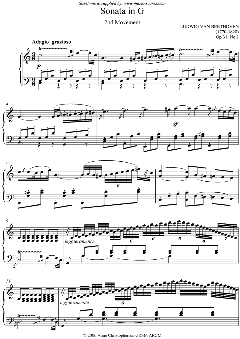 Front page of Op.31, No.1: Sonata 16: G, 2nd mvt: Adagio Grazioso sheet music