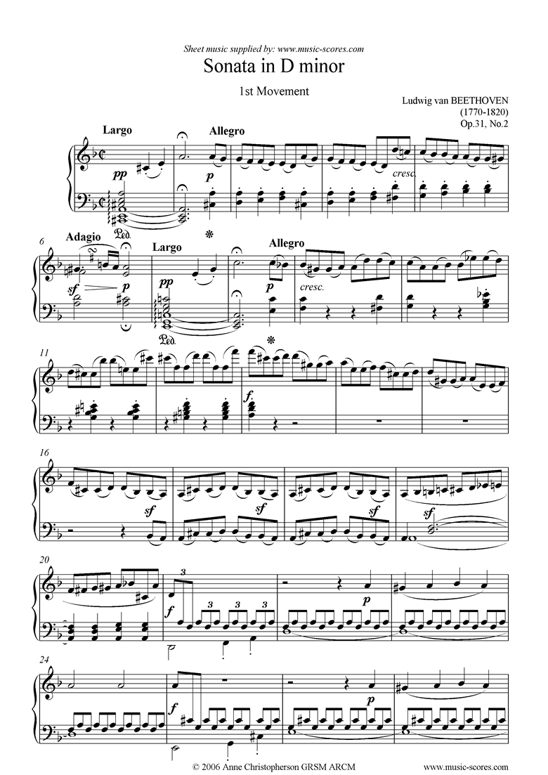 Front page of Op.31, No.2: Sonata 17: Dmi, 1st mvt: Largo_Allegro sheet music