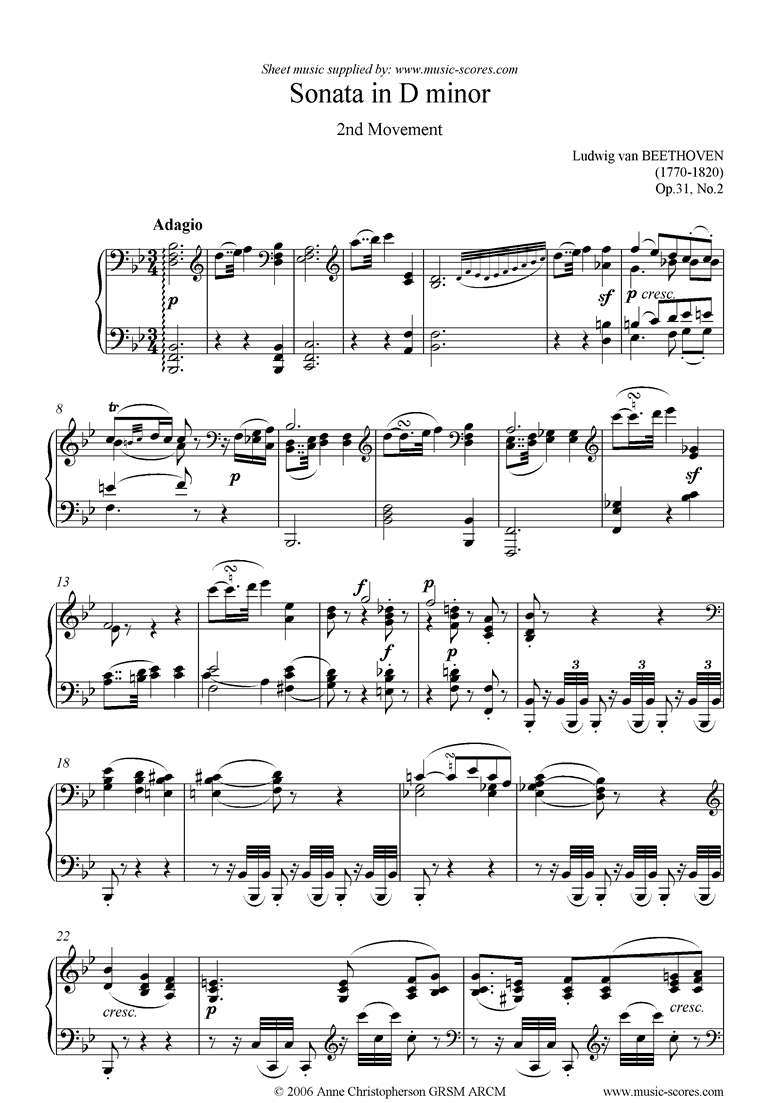 Front page of Op.31, No.2: Sonata 17: Dmi, 2nd mvt: Adagio sheet music