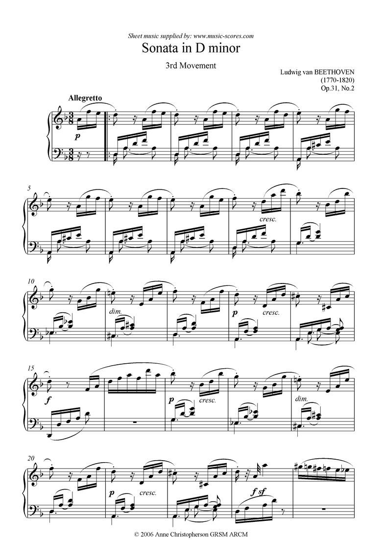 Front page of Op.31, No.2: Sonata 17: Dmi, 3rd mvt: Allegretto sheet music
