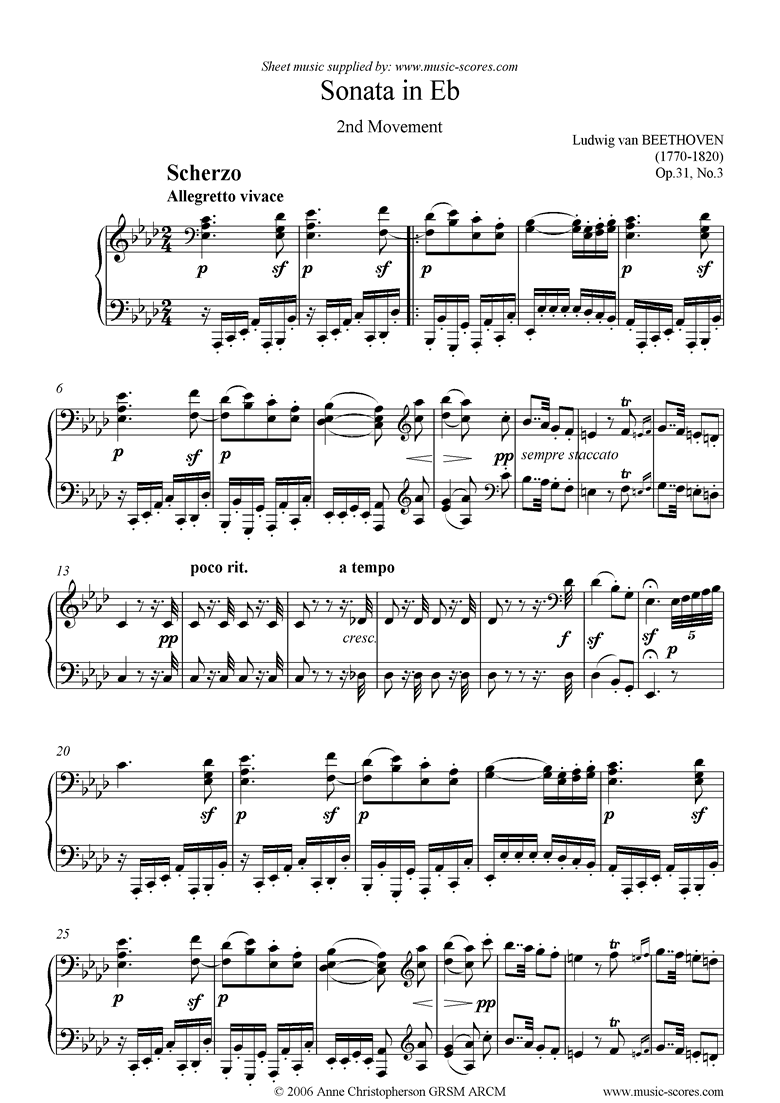 Front page of Op.31, No.3: Sonata 18: Eb, 2nd mvt: Scherzo sheet music