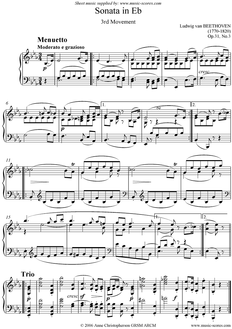 Front page of Op.31, No.3: Sonata 18: Eb, 3rd mvt: Minuet and Trio sheet music