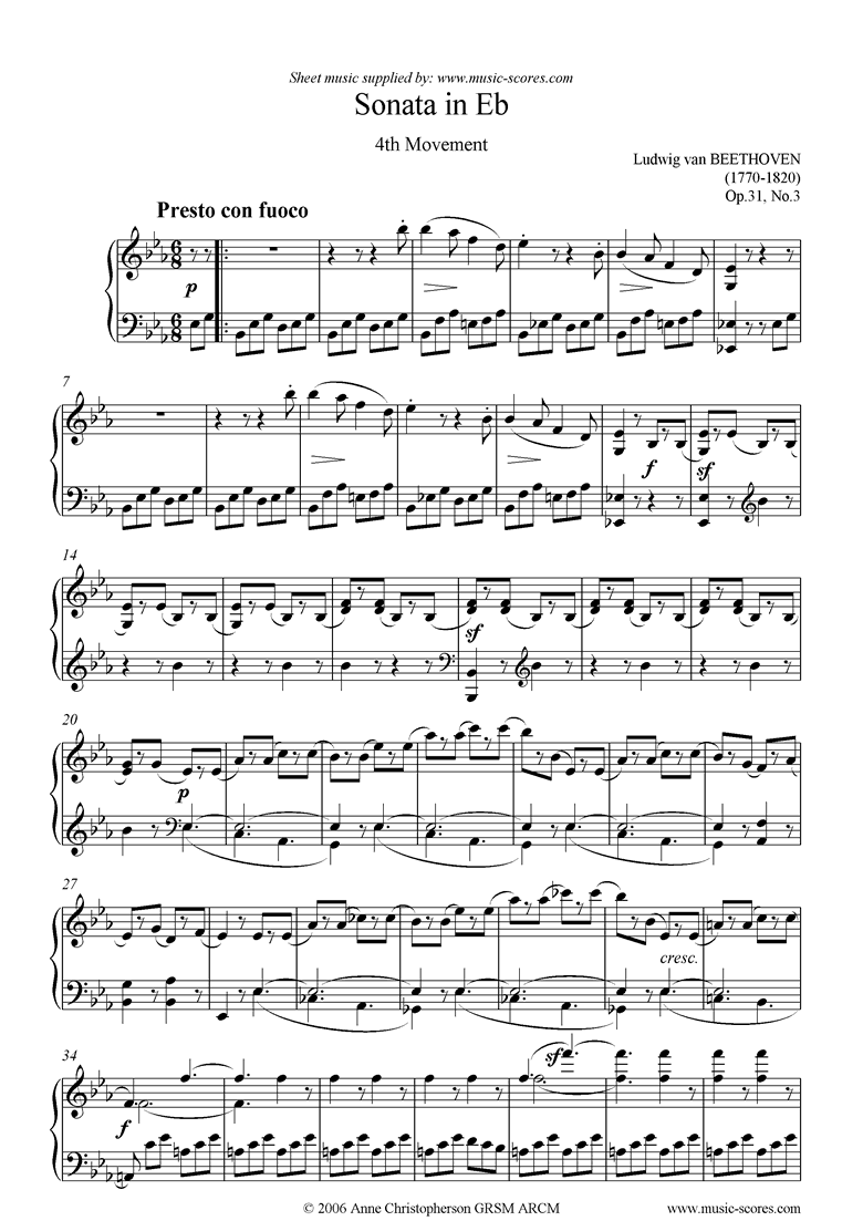 Front page of Op.31, No.3: Sonata 18: Eb, 4th mvt: Presto sheet music