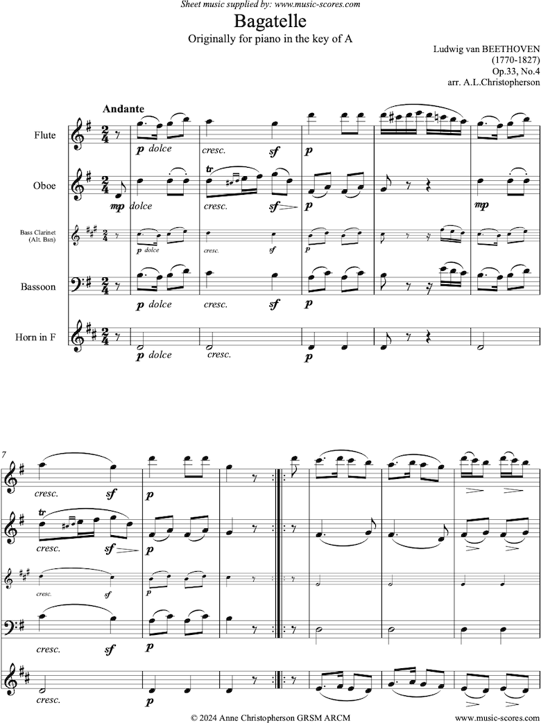 Op.33, No.4: Bagatelle in A: Flute, Oboe, Bassoon, French Horn by Beethoven