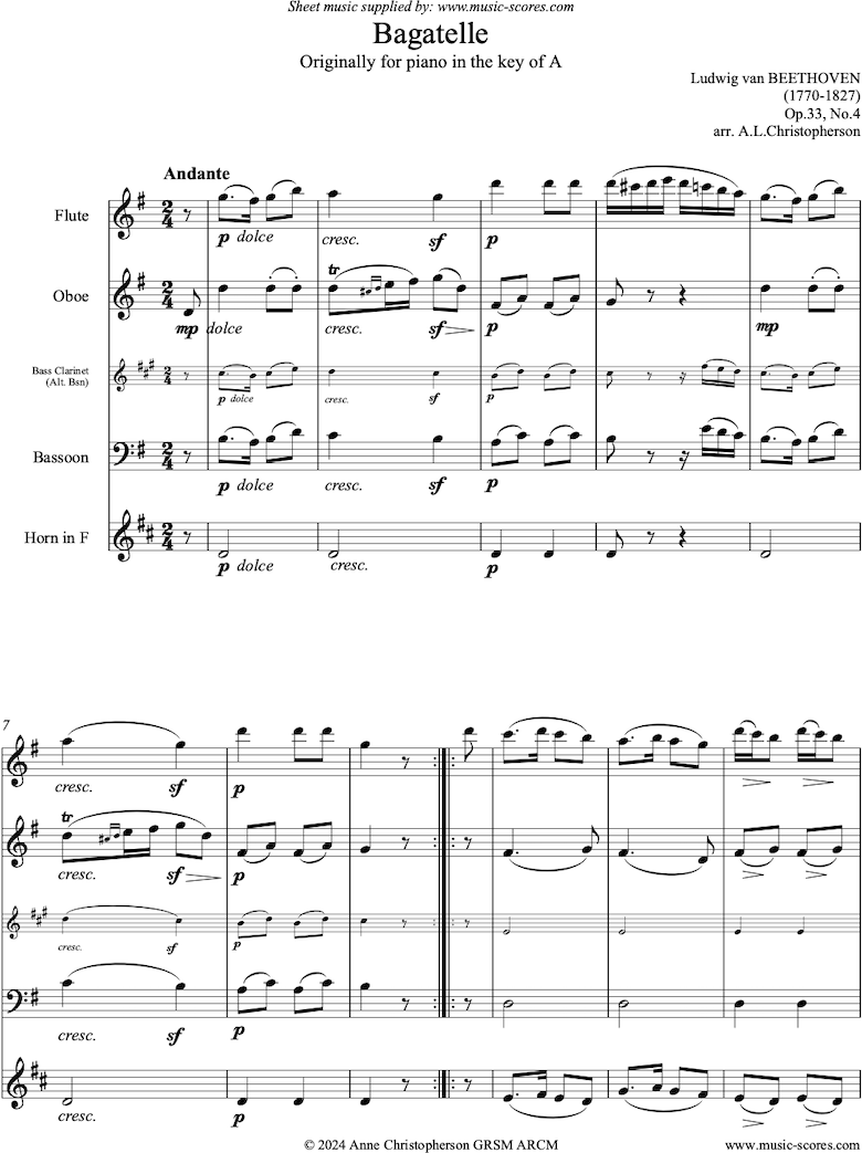 Front page of Op.33, No.4: Bagatelle in A: Flute, Oboe, Bassoon, French Horn sheet music