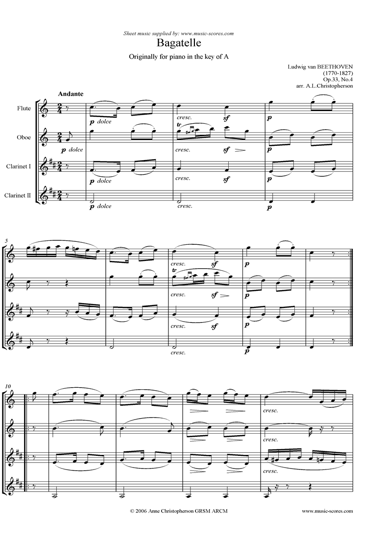 Op.33, No.4: Bagatelle in A: flute oboe, 2 clarinet by Beethoven