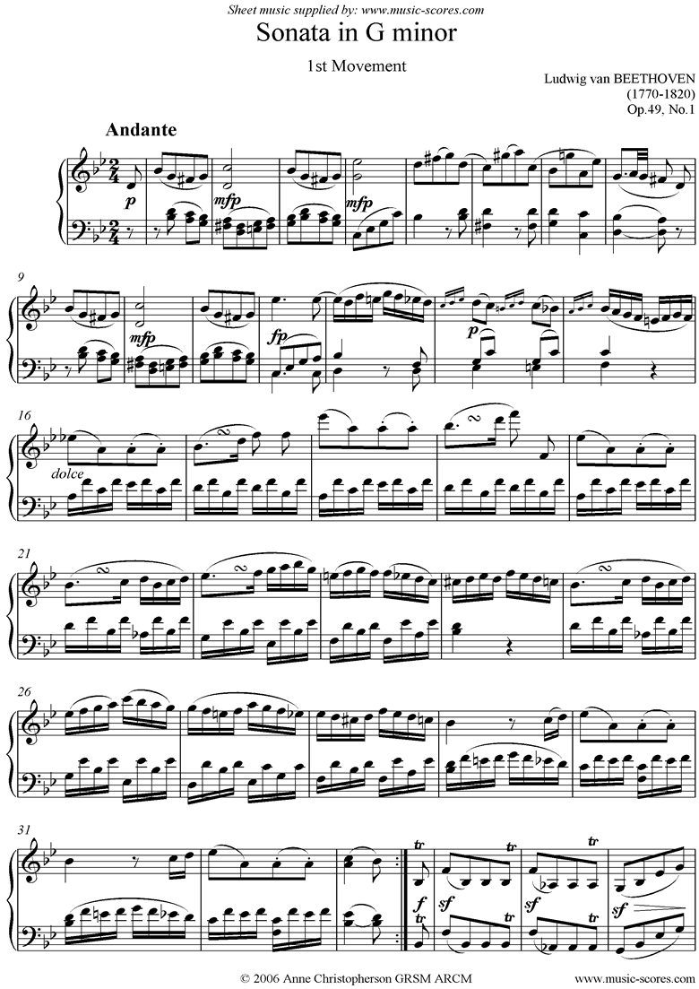 Front page of Op.49, No.1: Sonata 19: G minor, 1st mvt: Andante sheet music