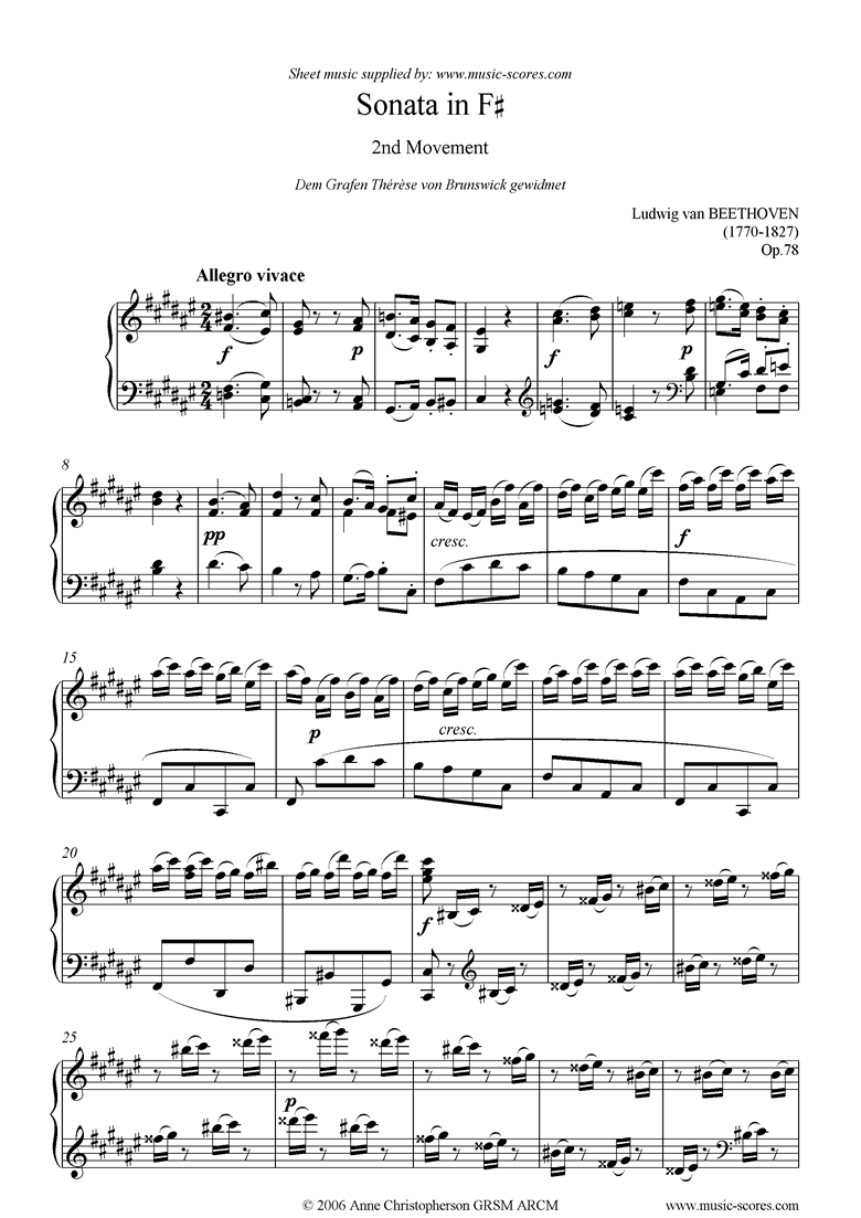Front page of Op.78: F#: Sonata 24: 2nd mvt: Allegro vivace sheet music