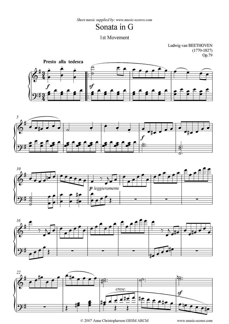Front page of Op.79: Sonata 25: G: 1st mvt: Presto alla tedesca sheet music